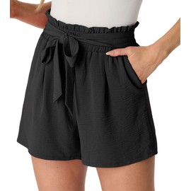 PrinStory Women's Summer High Waisted Elastic Wide Leg Drawstring Shorts, Straight Leg Sportswear (Black, M)