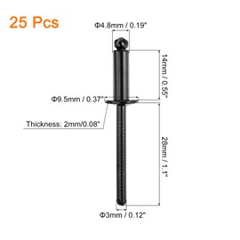 sourcing map 25Pcs 3/16"x1/2" 304 Stainless Steel Dome-Head Blind Rivets, Open-End Type Blind Rivets for DIY, Sheet Metal, Automotive Repairs, Furniture, Boat, and Duct Work (Black)