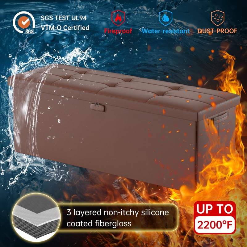 DocSafe Storage Ottoman Bench,Fireproof＆Waterproof Folding Storage Bench with Lock(15”x 43”x15”),Leather