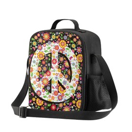 VunKo Hippie Love Peace Symbol Kids Insulated Lunch Bag Small Cute Thermal Tote Bag Built Back to School Lunch Bags with Water Bottle Holder Shoulder Strap for Teens Girls Boys