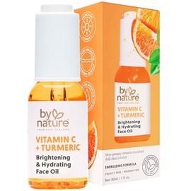 By Nature Aceite facial iluminador e hidratante, aceite de vitamina C y extracto de cúrcuma enriquecido con aceite de escualano vegetal para la cara, revitaliza la piel opaca y cansada, aceite facial