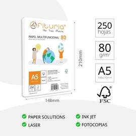 Pack of 80g A5 Sheets, 250 Sheets of White Multifunction Paper for School and Laboratory, Ideal for Laser Printers, Inkjet Printers or Copiers - Ofituria