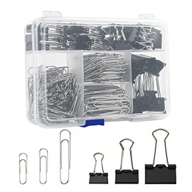 Juego de clips de carpeta y clips de papel jumbo de tamaño surtido, 340 piezas, color negro, grande para suministros de oficina y escuela, en contenedor con compartimentos