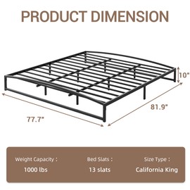 dainslef Low Bed Frame King Size, 10 Inch Heavy Duty Metal Platform King Bed Frame Low Profile, Mattress Foundation, No Box Spring Needed, Noise-Free, Non-Slip, Easy Assembly, Black