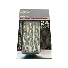 Pretty Woman Airbrush Nails – Silver with Black Stripe | Salon Perfect Manicure in 5 Minutes | 24 Nails with Pink Glue & Applicator Stick Included