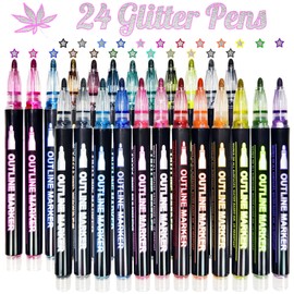 BIHIYII Glitter Pens Marker Pens, 24 Colours Double Line Outline Pens, Glitter Gel Pens, Metallic Magic Pens for Scrapbooking Painting, Stocking Fillers for Christmas Gifts Presents Eve Box Fillers