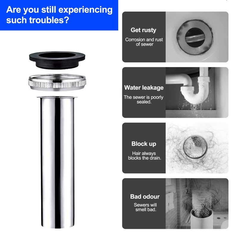 Set of 4 siphon drain pipe, washbasin, 200 mm stainless