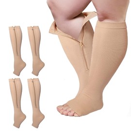 2 Pairs Wide Calf Plus Size Compression Socks with Zipper, 15-20mmHg Socks for Women Men,Reduces Swelling & Pain Nurses Running Pregnant Travel Flight (6XL, skin)