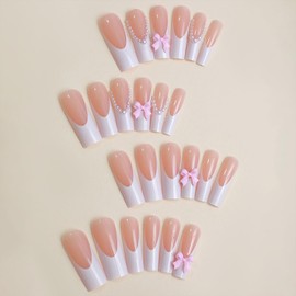 24Pcs White French Tip Press on Nails Square Long Fake Nails With Bow Pearls Designs Full Cover False Nails Acrylic Stick on Nails Reusable Artificial Nails for Women Glue on Nails