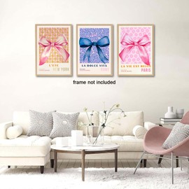ZQARTZZQ Coquette Room Decor, Pink Bow Decor Room Decor for Teen Girls, Preppy Wall Decor, Bow Posters for room Aesthetic Pictures Set of 3 for Bedroom 16x24in Unframed