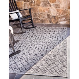 Unique Loom Outdoor Trellis Collection Tribal Geometric Transitional Indoor and Outdoor Flatweave Light Gray Area Rug (9' 0 x 12' 0)