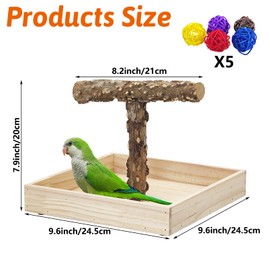 BNOSDM Portable Bird Perch Stand with Potty Tray, Natural Wood T-Shaped Tabletop Training Gym Parrot Playground Toy for Budgies, Cockatiels, Lovebirds,Conures Canaries