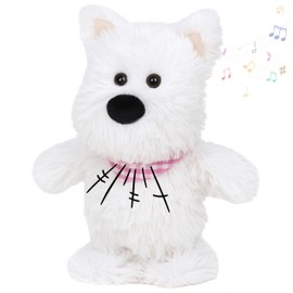 Hopearl Talking Singing Westie with Pink Bib Repeats What You Say Dog Walking Puppy Electric Interactive Animated Toy Speaking Plush Buddy Gifts for Toddlers, White, 9''