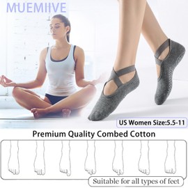 MUEMIIVE Pilates Socks with Grips for Women, Non Slip Lux Grip Socks Pilates with Straps, 2 Pairs Grippy Sock for Yoga Hospital Workout Barre (Black Gray Size 5.5-11)