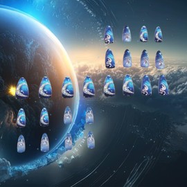 24Pcs Moon Press ons Fingernails Starry Sky Gel Glue on Acrylic Fake Nails Milky Way Press on Nails Glossy Blue Gradient Medium Almond False Nail Sea Horse Stick on Nail for Holiday Manicure Art