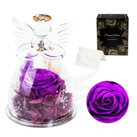 Hover Flower Forever Preserved Flowers Roses in Glass Angel Figurines, Flowers for Delivery Prime, for Her Women Mom Grandma (Small Size - Purple)