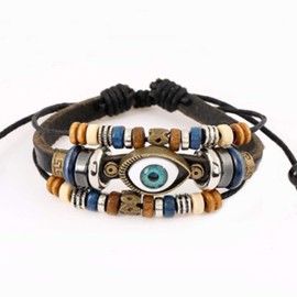 SBI Jewelry Evil Eye Bracelet Beaded Brown Adjustable Leather Wrap Bracelet for Gift for Mum Wife Daughter Friend Family Birthday Christmas