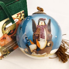 Penguin and Dog - Inside Painted Glass Ornament for Home or Office Perfect for Thanksgiving, Christmas