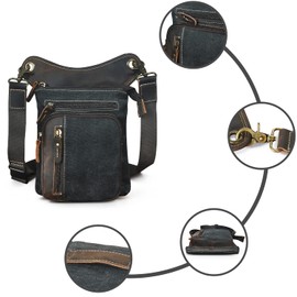 Handadsume Water Resistant Canvas + Leather Motorcycle Travel Fanny Waist Pack Drop Thigh Leg Bag Pouch For Men Women FB211-11, Black, Medium, Vintage Retro Stylish Street Free Style