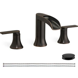 HOIGY Oil Rubbed Bronze Bathroom Sink Faucet Widespread, 8 Inch Waterfall Faucet Bathroom 3 Hole with Pop-up Drain and cUPC Supply Lines, 2 Handles for Vanity, Restroom, Farmhouse, Brass Material