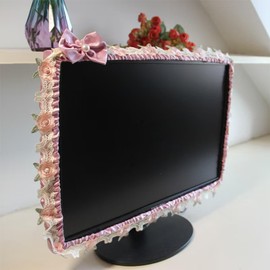 ALHBEJT Computer Monitor Cover with Lovely Cute Elastic Pen Pocket Bow-knot TV LCD Screen Monitor Decoration Dust Cover Protector, lace fabric (23''-26''，Pink F)