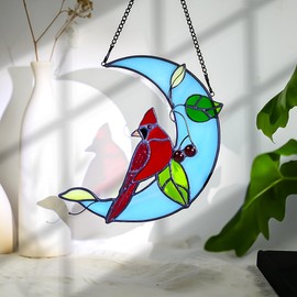 HAOSUM Cardinal Birds Decor Stained Glass Suncatcher,Red Cardinal Memorial Gifts for Mother,Stained Glass Birds Window Hangings Moon Decor,Bird Gifts for Bird Lovers Women Grandma