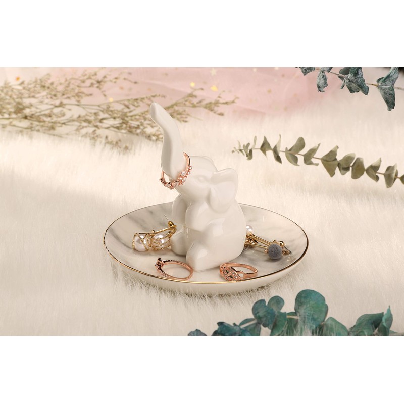 HOME SMILE White Elephant Ring Holder with Marble Pattern Dish