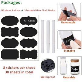 Chalkboard Label 240 Pcs Waterproof Reusable Labels for Food Containers Chalk Sticker Labels with 3 Liquid Chalk Markers for Mason Jars, Parties Decoration, Craft Rooms, Storage, Home, Kitchen
