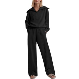Aleumdr Womens 2 Piece Outfits Sweatsuits Wide Leg Sweatpant Lounge Matching Sets Womens Lounge Set Half Zip Sweatshirt Oversized Pullover Tracksuit 2024 Fall Travel Clothing Set Black