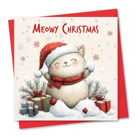 Christmas Card. Snow Cat Design. Eco-friendly & UK Made. Blank Inside. 148x148mm card size.