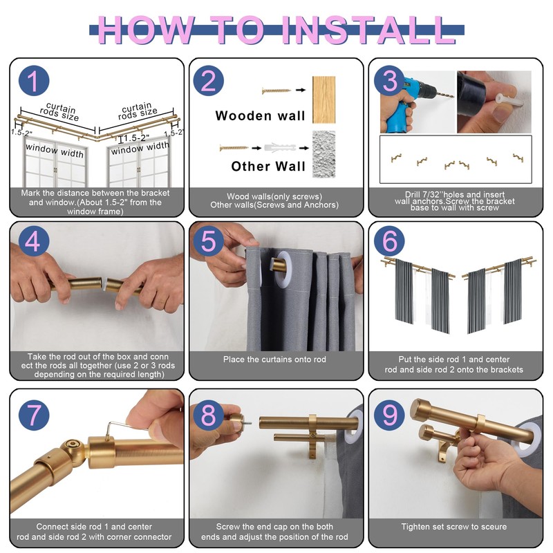 Warm Gold Double Corner Window Curtain Rods with Aluminum End