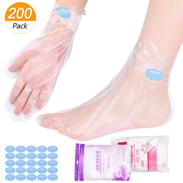 SelfTek 200PCS Paraffin Wax Bath Liners Disposable Plastic Hand and Foot Bags for Pedicure Hot Spa Wax Treatment Thermal Paraffin Wax Therapy with 200 Stickers for Snug Closure