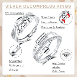 Glintara Anxiety Ring 925 Silver 2 Pieces 925 Sterling Silver Anti-Stress Ring Set, Open Adjustable Spinner Fidget Rings, Partner Rings Pair Rings Against Anxiety, Mood Ring with Beads for Women