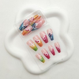 Colorful Coffin Press on Nails Medium Fake Nails with Flowers Designs Full Cover Acrylic Nails Glossy Glitter Glue on Spring Nails Medium Multicolor Artificial Nails for Women 24 Pcs