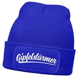 MoonWorks® Herren Beanie mit Patch Strickmütze mit Spruch Wandern Skifahren Aufdruck Gipfelstürmer Mütze Männer Blau Unisize