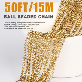 50FT 18K Gold PVD Plated Ball Bead Chains Roll, 1.5mm Gold Stainless Steel Ball Beaded Chains Spool with 30 PCS Connectors Bulk for Jewelry Making