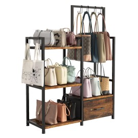 Baomengya Handbag Organizer - 3 Tier Purse Storage Rack with Pull Out Drawer & 6 Hooks, High Capacity Handbag Holder Shelf, Metal Frame with Wood Shelves for Closet/Bedroom (Rustic Brown)