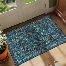 GarveeHome Floral Washable 2x3 Rug Green Non Slip Boho Bathroom Rug, Soft Small Area Rug Indoor Door Mat Botanical Throw Rugs for Entryway Bedroom, Dark Blue