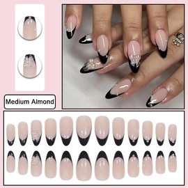 BAOYAALIN French Black Press on Nails Almond Shaped Medium Fake Nails with 3D Bows Pearls Charms Design Full Cover Press ons Artificial Acrylic False Stick on Nail for Women Manicure 24Pcs