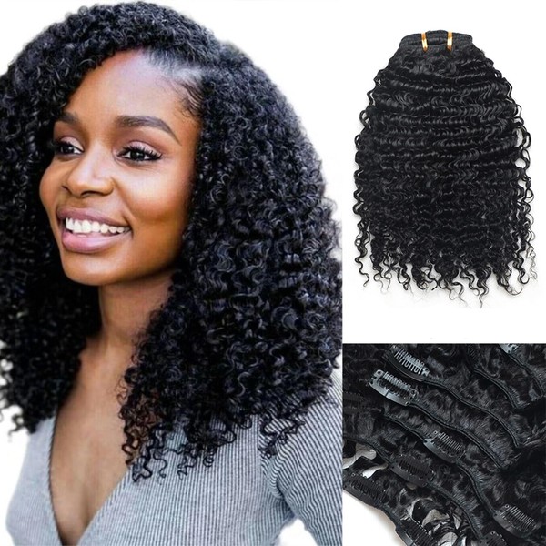 Luwigs Afro Kinky Curly 3B 3C Clip in Hair Extensions for Black Women Real Brazilian Virgin Human Hair Clip Ins Natural Color 7pcs/set (14 inches, 3B 3C Afro Kinky Curly)