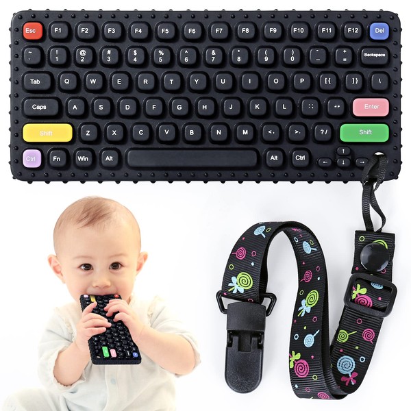 Orzbow Soft Silicone Teething Toys for Baby 0-6 Months,Cool Keyboard Shape Teether Toys with Dummy Clip for Baby Boy Girl,Early Educational Baby Sensory Chew Toy for Babies 6-12 Months,BPA-Free(Black)