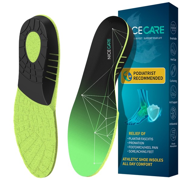 NICE CARE Arch Support Insoles for Men and Women Shoe Inserts, Orthotic Inserts, Athletic Shoe Insoles for Plantar Fasciitis Flat Feet, Orthotic Insoles for Arch Heel Pain Relieve Green Men 7-9