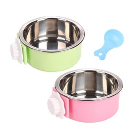 Crate Dog Bowl, Removable Stainless Steel Water Food Feeder Bowls Hanging Pet Cage Bowl Cage Coop Cup for Dogs Cats Puppy Rabbits Bird and Small Pets (Small (Pack of 2), Round (Green+Pink))