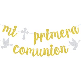 Mi Primera Comunion Banner, It's My Baptism Day, God Bless, Christening/Bridal Shower/Engagement/Baby Shower Party Decorations Gold Glitter