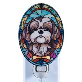 VOUWOWOX Shih Tzu Night Light Stained Glass Style Pet Décor for Dog Lovers Plug in Wall Animal Nightlight for Bathroom Bedroom Hallway Gift for Lion Dog Owners
