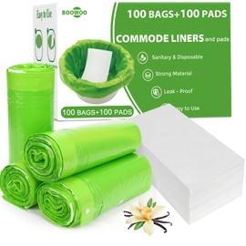 BOOWOO Bedside Commode Liners with Absorbent Pads,100 Disposable Commode Bags and 100 Pads, Scented Adult Potty Chair Liners, Portable Commode Poop Bags for Commode Chair, Bedpan, Bucket Toilet