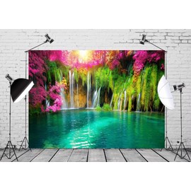 BELECO 7x5ft Fabric Forest Mountain Waterfall Backdrop Spring Blooming Flowers Green Lake Natural Landscape Scenic Backdrop Wall Murals Room Decor Kids Adults Portrait Photo Shoot Studio Props