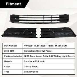 Sekeseauto 3PCS Front Bumper Lower Grille & Front Grill Fog Lamp Bezel, Compatible With VW Passat S/SEL 2016-2019, Replace# VW1036141 561853671HRYP JX-7862-CM
