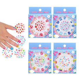 Press on Nails for Kids 3-6,With Cute DIY Stickers,4 Pack 48Pcs Little Girls Sparkling Princess Nails,Cute Pattern Rainbow Series