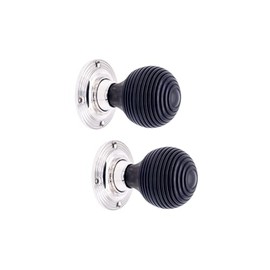 Infinity Decor Pair of Traditional Style Ebony Wood Beehive Reeded Rim Door Knobs Set 55mm Polished Nickel Rose - Wooden Handles Suitable for Interior & Exterior Doors
